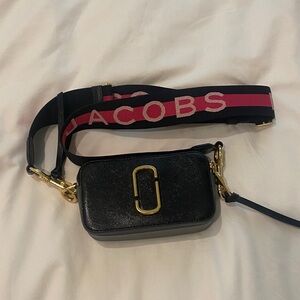 Marc Jacobs Black Camera Crossbody with Pink Logo Strap